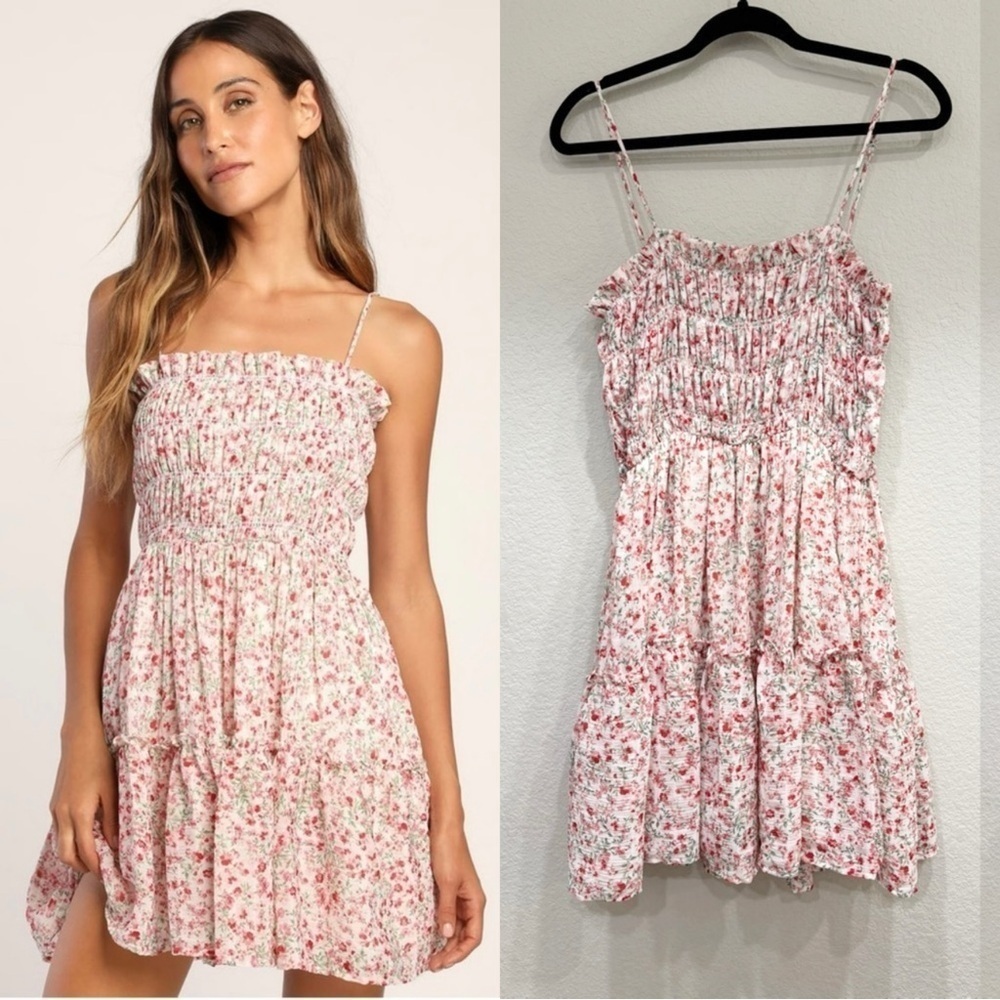 NWOT Lulus Petal Perfection Pink Floral Print Smocked Tiered Mini Dress
